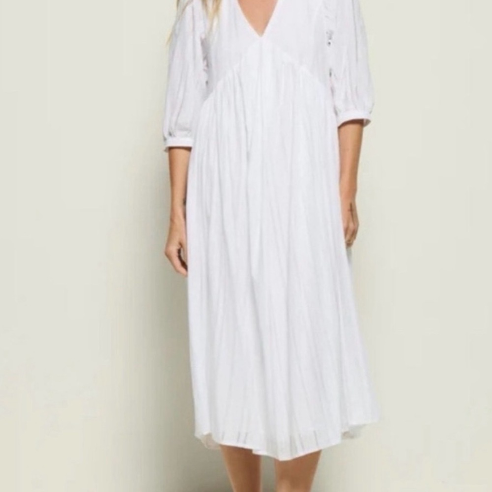 Nation LTD White V-Neck Puff Sleeve Midi Dress